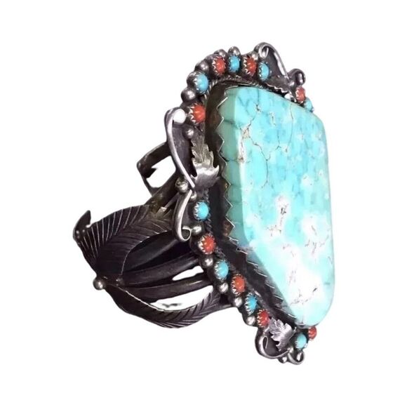 Antique Cuff Bracelet Green Turquoise Coral Sterling Silver Navajo Native Signed - Picture 4 of 14